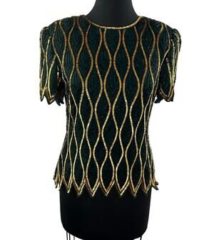 VINTAGE STENAY Green Gold Sequin Short Sleeve Crewneck Scalloped Top Size PS